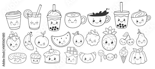 Vector illustration of cute food and drinks with smiling faces, including fruits, desserts, and beverages. Line art, isolated icons.