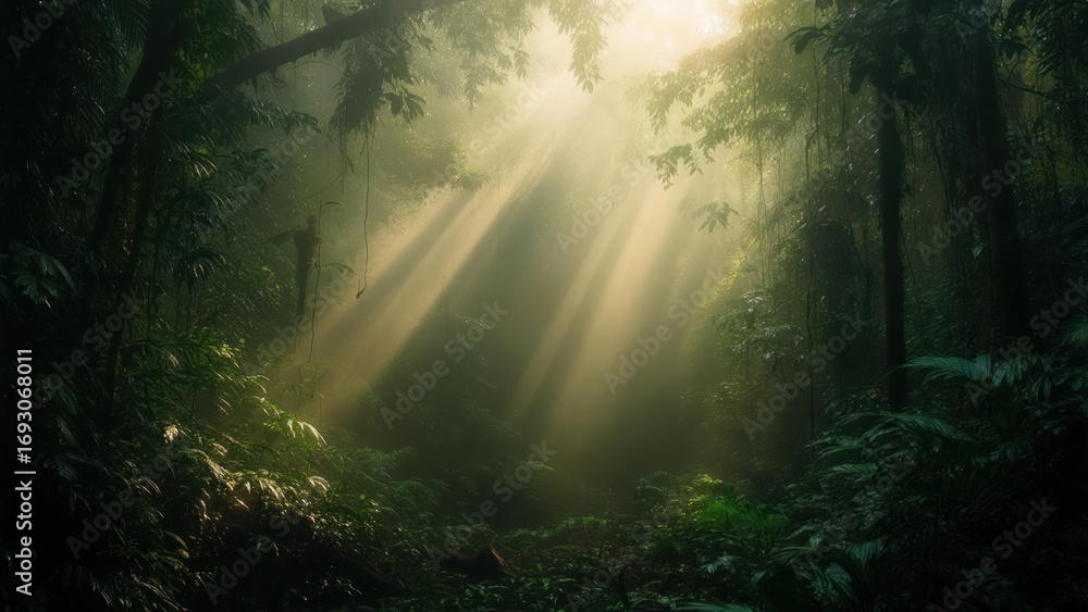 Fototapeta premium Sacred Sunbeams Illuminating a Misty, Verdant Jungle Wilderness.