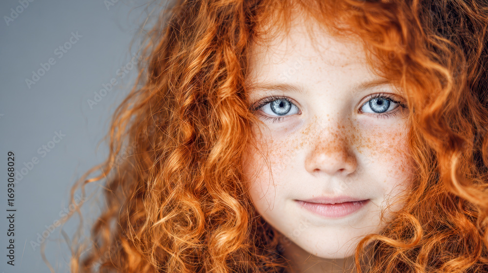 Naklejka premium Close-up portrait of a young girl with striking blue eyes, vibrant curly red hair, and delicate freckles against a soft, neutral background