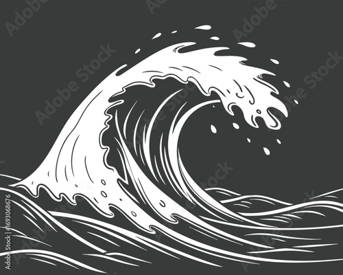 Dramatic ocean wave illustration in white on a dark gray background perfect for graphic design and oceanic themes showcasing power and nature