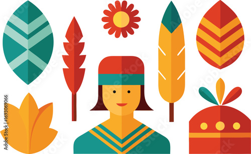 Indigenous peoples day icon collection featuring feathers cultural symbols and warrior illustration