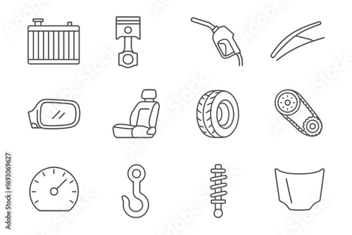 Auto parts icon collection. Thin minimal icons including radiator, piston, fuel pump, tire, seat, wiper and speedometer. Modern automotive vector pack.