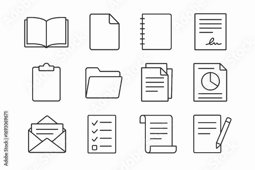 Paper line icon pack. Contains such symbols as notebook, letter, report, file, checklist and spiral pad. Minimalist thin stroke. Contemporary vector set.