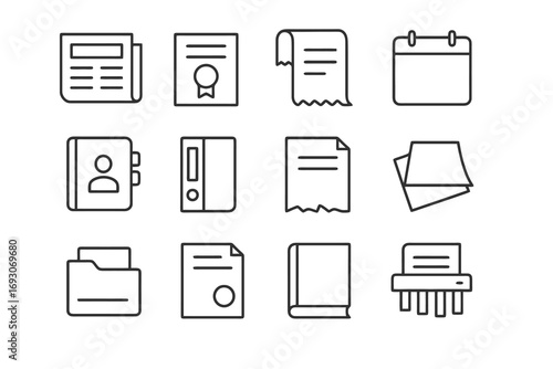 Paper related line icon set. Thin minimal icons including newspaper, certificate, receipt, binder, notes, contract and shredder. Modern vector stroke pack.