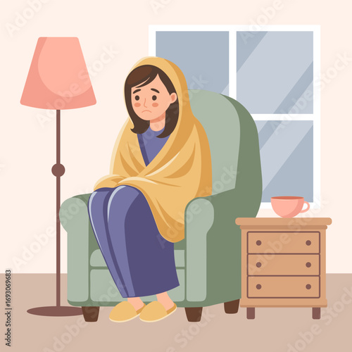 Unwell woman wrapped in blanket in a chair and drinking a hot drink. Concept of illness, sickness, cold, flu, fever. Illustration.