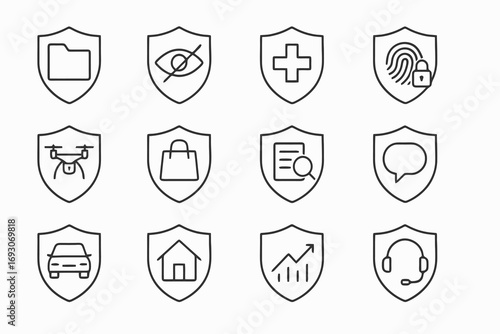 Outline shield pack showing communication, repair, health and global network. Thin line vector icons for safety, privacy and defense design.