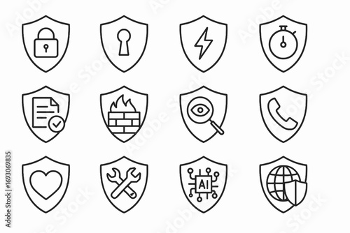 Outline shield set showing global defense, coding, financial safety and notifications. Thin line vector icons for protection and cyber security.