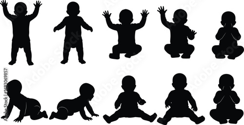 Baby Silhouette Vector Set Featuring Standing, Squatting, Sitting, and Crawling Poses for Infant Growth, Emotion, and Developmental Study