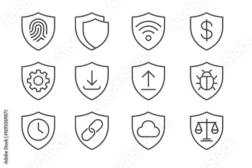 Outline shield pack showing financial, legal, cloud and connection security. Thin line vector design for safety, guard and defense.