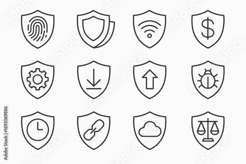 Thin line shield icons with fingerprint, Wi-Fi, cloud, bug, money and more. Vector set for privacy, antivirus and secure design.