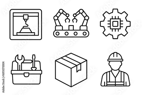 Outline industry icons showing digital manufacturing, packaging, tools and worker safety. Thin line vector symbols for technology and factory design.