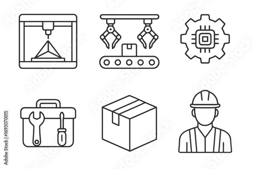 Thin line manufacturing icons of 3D printer, assembly line, smart gear, toolbox, package and worker. Vector set for industry and production.