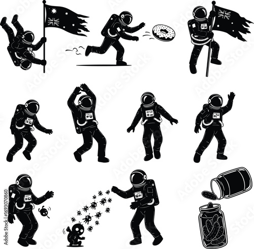 Astronaut in space with flag, throwing frisbee, playing with aliens, waving, and space exploration with Australian flag and floating objects.