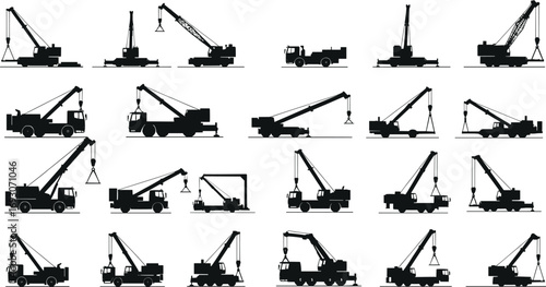 Silhouette collection of industrial mobile cranes, construction vehicles, lifting equipment, heavy machinery, engineering transport, and building site tools illustration