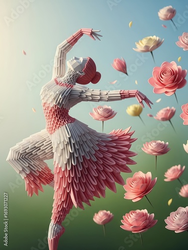 A fantasy-style illustration of a ballerina in a pink and red dress dancing with beautiful, detailed floral elements.