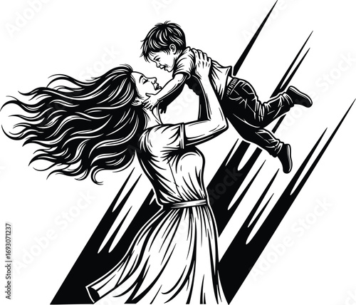 Silhouette of Woman Lifting Child with Joy – Black and White Vector for Family, Love, Parenting, Happiness, and Emotional Connection Themes