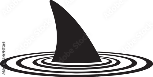 Shark fin silhouette rising from the water with concentric circles graphic illustration