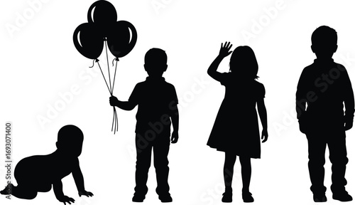 Silhouettes of Children from Crawling to Standing – Black and White Vector for Growth, Development, Childhood, Motion, and Milestone Themes