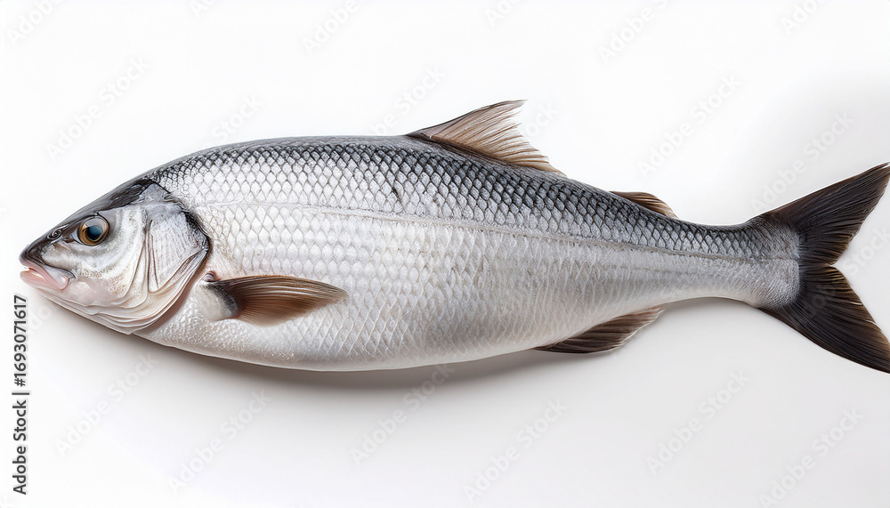 Obraz premium Fresh Raw Fish Isolated On White Background With Silver Scales And Fins