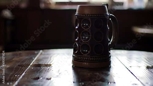 A hand firmly places a heavy, full beer stein onto a rustic wooden table, leaving condensation rings and a solid, definitive thud.