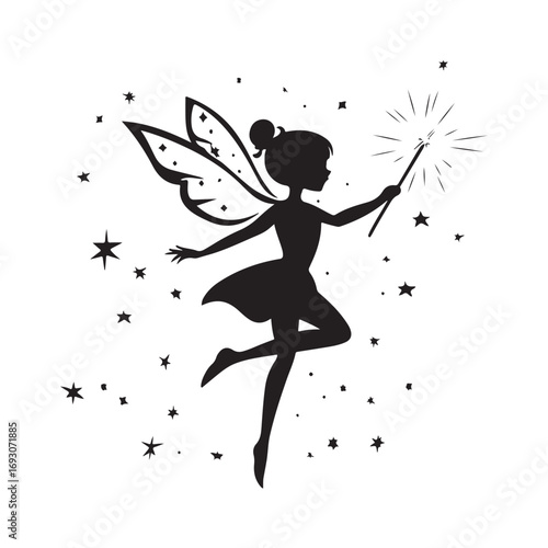 Fairy silhouette, Beautiful Fairy Silhouette, Cute fairy flying, Fairy magic silhouettes, isolated white background