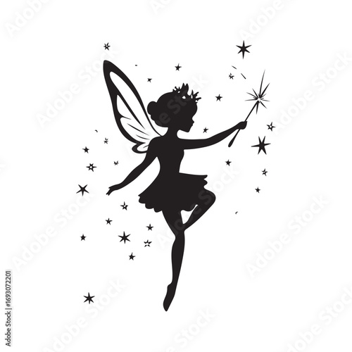 Fairy silhouette, Beautiful Fairy Silhouette, Cute fairy flying, Fairy magic silhouettes, isolated white background