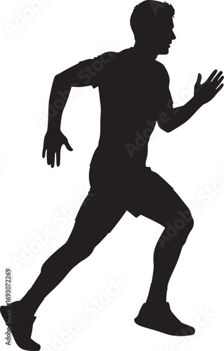 Silhouette of a male runner sprinting with determination and focus on a white background