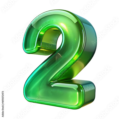 Shiny green number 2 glossy 3d digital art with reflective surface and glowing edges