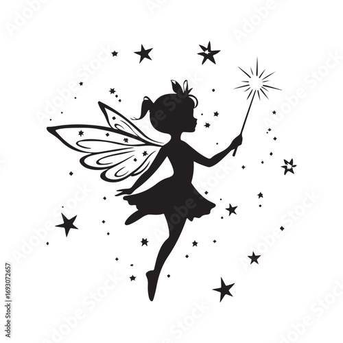 Fairy silhouette, Beautiful Fairy Silhouette, Cute fairy flying, Fairy magic silhouettes, isolated white background
