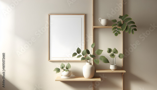 Blank frame on white wall surrounded by Nordic furniture and subtle ceramic home decor elements