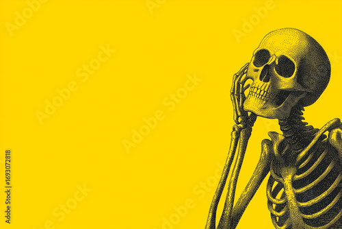 Vintage 1950s Skeleton Halloween Poster Yellow Background