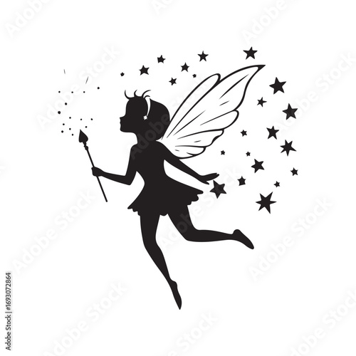 Fairy silhouette, Beautiful Fairy Silhouette, Cute fairy flying, Fairy magic silhouettes, isolated white background