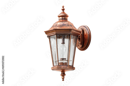 Vintage copper outdoor wall lantern sconce isolated on white.