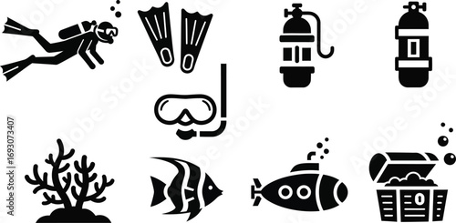 Open water diver icons. scuba diving and water activities editable vector illustration icons 