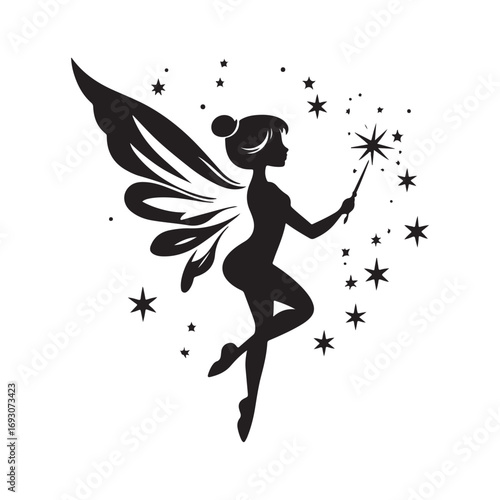 Fairy silhouette, Beautiful Fairy Silhouette, Cute fairy flying, Fairy magic silhouettes, isolated white background
