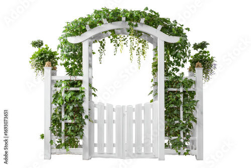 Elegant white wooden garden arch with a gate and climbing ivy.