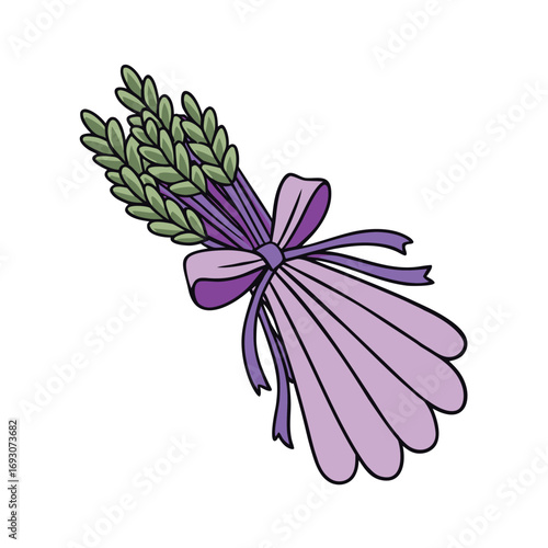 A beautiful bundle of lavender flowers tied with a satin bow on a clean white background
