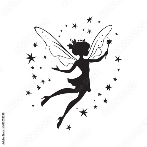 Fairy silhouette, Beautiful Fairy Silhouette, Cute fairy flying, Fairy magic silhouettes, isolated white background
