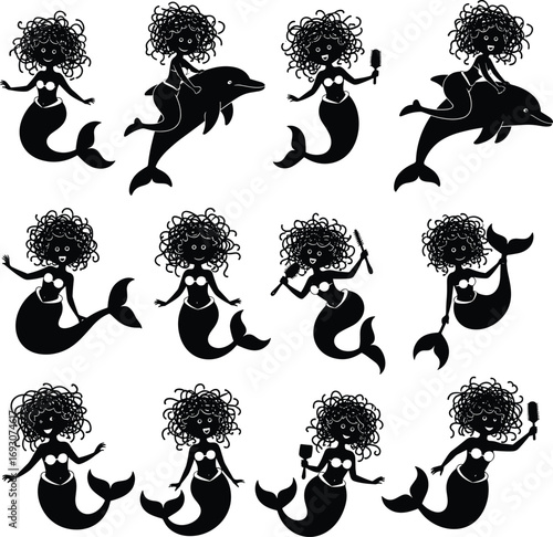 Curly-haired mermaid silhouettes with seashell tops, playing with dolphins, holding combs, waving, swimming, magical underwater fantasy, oceanic mythical creatures.