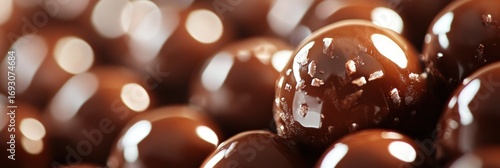 Rich chocolate spheres glisten under soft light, showcasing a tempting texture of confectionery delights in a close-up arrangement