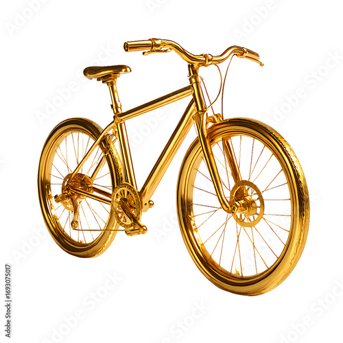 Golden bicycle displayed artistically with gleaming metallic finish transparent background