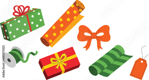 Gift outline items collection. Wrapped gifts, wrapping paper rolls, a ribbon spool, a bow, and gift tags editable vector illustration 