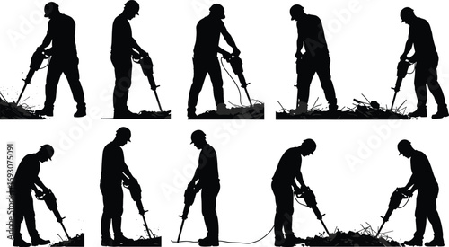 Silhouette construction worker using jackhammer, breaking debris, concrete demolition, industrial equipment, roadwork tools, vector illustration, heavy-duty labor scene.