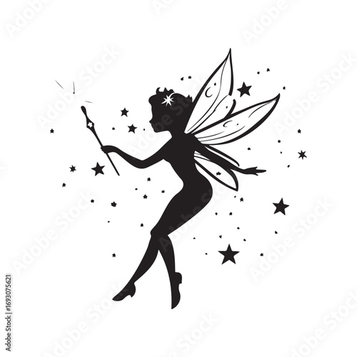 Fairy silhouette, Beautiful Fairy Silhouette, Cute fairy flying, Fairy magic silhouettes, isolated white background