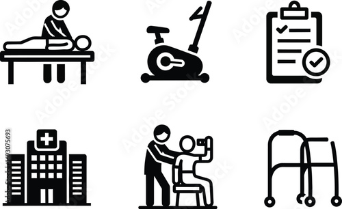 Physiotherapy facility icon collection set silhouette. Physical therapy and rehabilitation icons. Rehab icons editable vector illustration 
