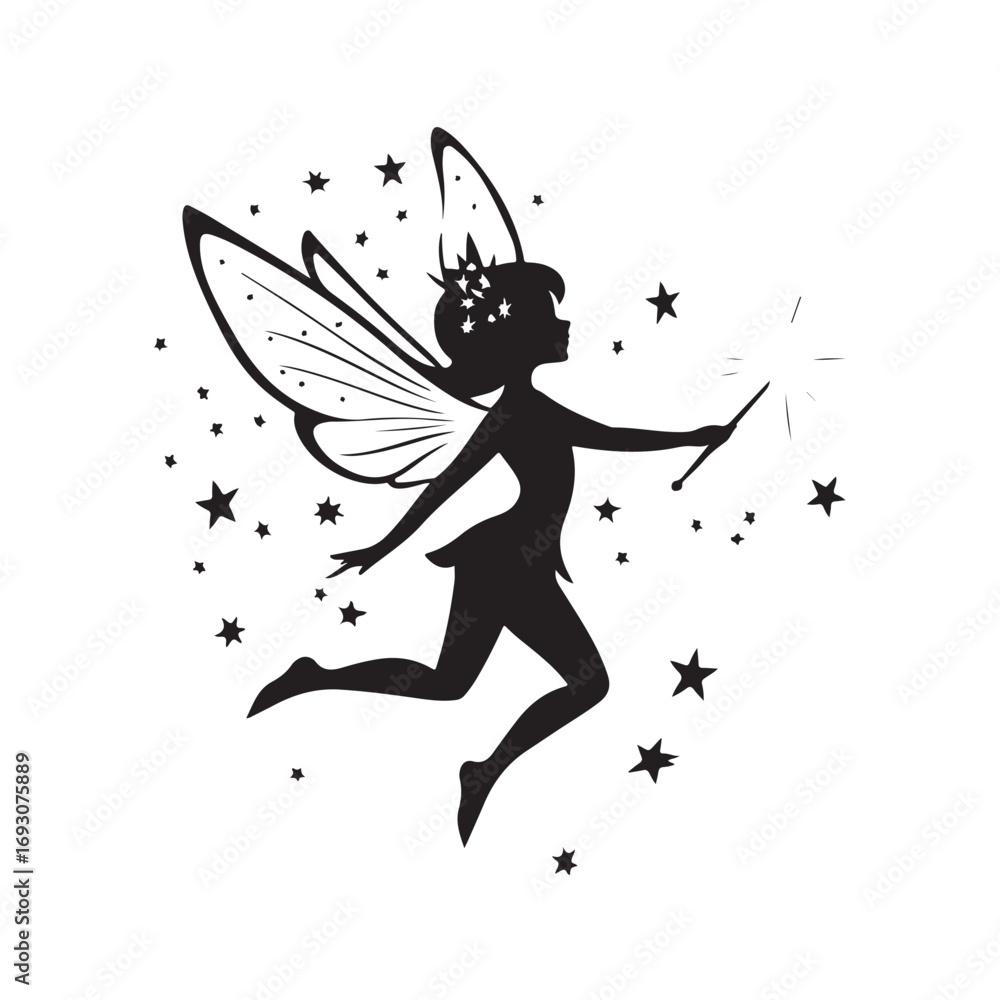 Fototapeta premium Fairy silhouette, Beautiful Fairy Silhouette, Cute fairy flying, Fairy magic silhouettes, isolated white background