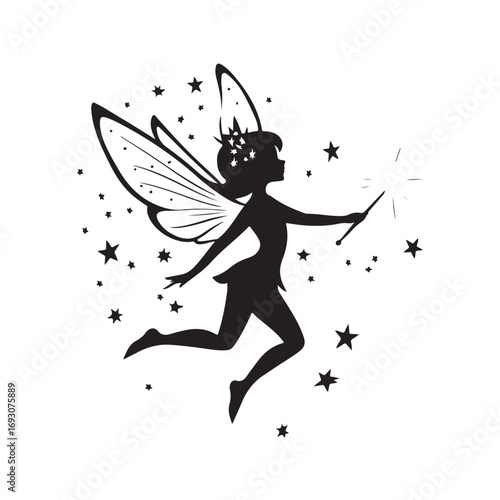 Fairy silhouette, Beautiful Fairy Silhouette, Cute fairy flying, Fairy magic silhouettes, isolated white background