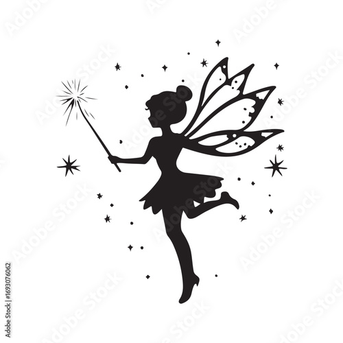 Fairy silhouette, Beautiful Fairy Silhouette, Cute fairy flying, Fairy magic silhouettes, isolated white background