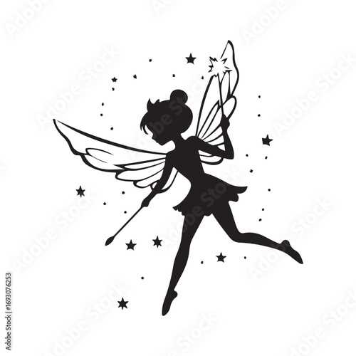 Fairy silhouette, Beautiful Fairy Silhouette, Cute fairy flying, Fairy magic silhouettes, isolated white background