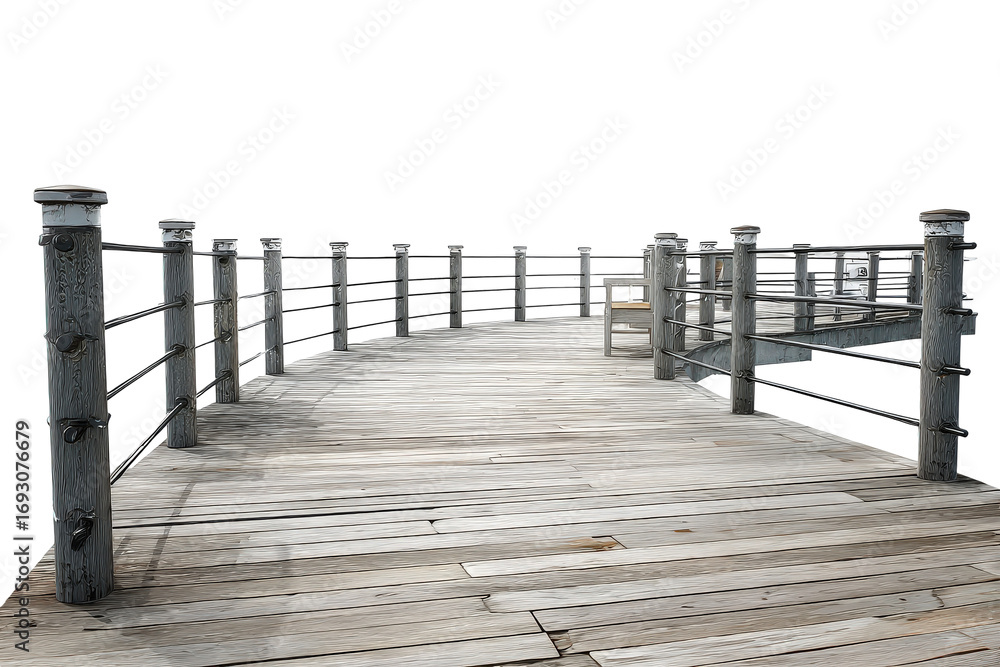 Naklejka premium An old weathered wooden pier with metal railings isolated.